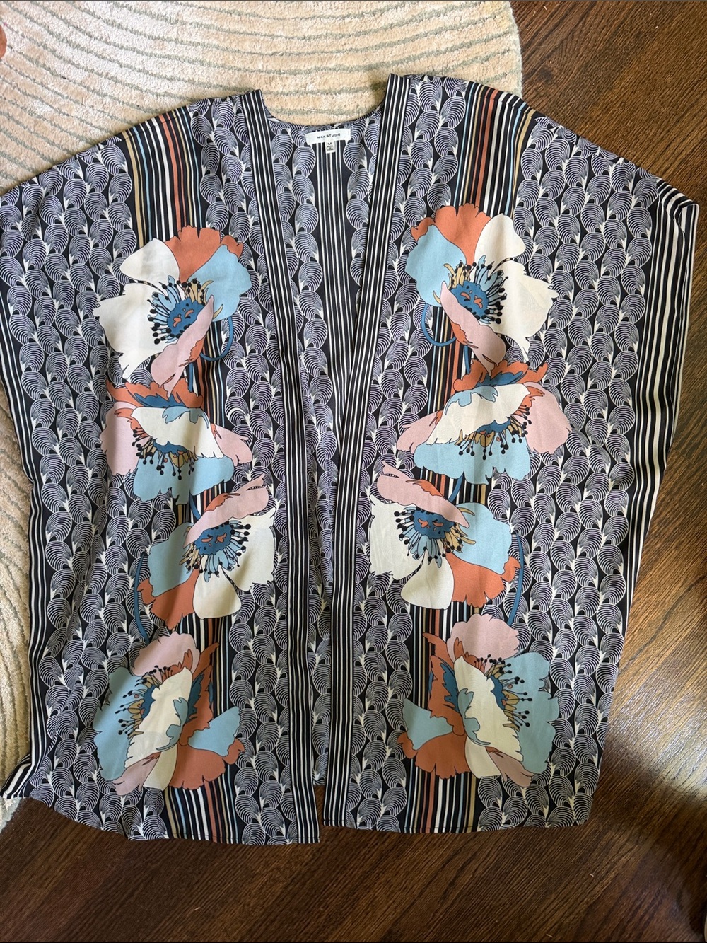 Black Floral Panel Open-Front Kimono